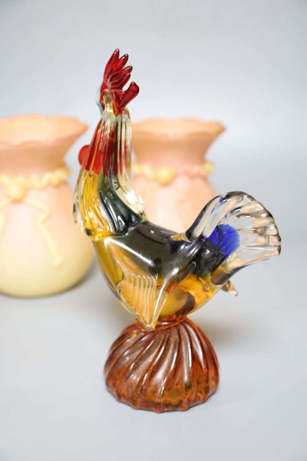 A pair of Victorian opaline glass vases, 16cm and a coloured glass cockerel, 23cm